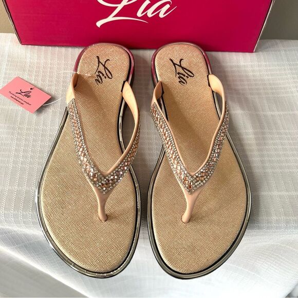 Lia Rose Gold Shimmer Bejeweled Flip Flop Thong Sandal Size 9 NWT - Picture 6 of 13